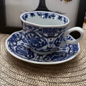 Japanese Blue and White Porcelain Teacup with Saucer NWOT